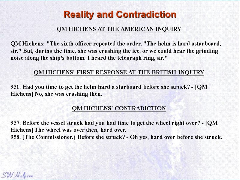 Reality and Contradiction QM HICHENS AT THE AMERICAN INQUIRY  QM Hichens: 